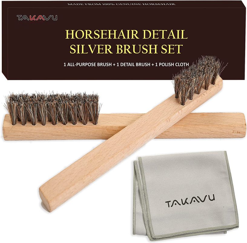 TAKAVU Horsehair Detail Brush Set, 2 Silver Polish Brushes and Polish Cloth for Detail Polish Work, Fine and Heirloom Silverware, Flatware, Jewelry